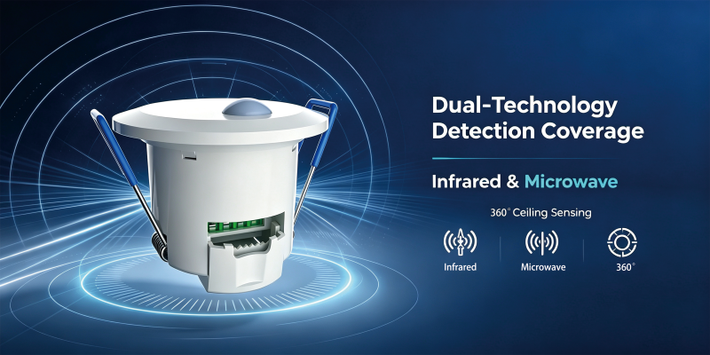 PD-PRW26D микротолқынды және инфрақызыл зондтау технологияларын бір құрылғыда біріктіретін төбеге орнатылатын қозғалыс сенсоры.